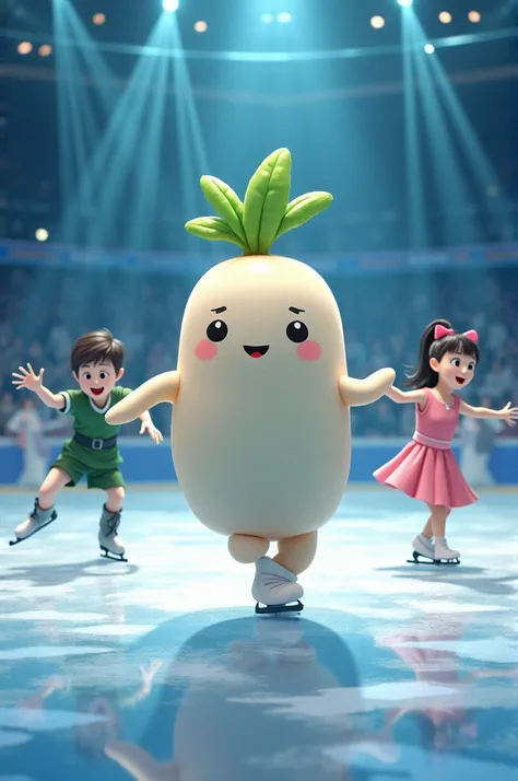 masterpiece:1.2,Outstanding quality,Mirror finish, cinematic experience , Best Illustration , super detailed),8k,16k,wallpaper,(Daikon mascot character:2.0),(figure skaters:2.0),(DANCING ON ICE ),( DYNAMIC PERFORMANCES :2.0),( skating rink:2.0