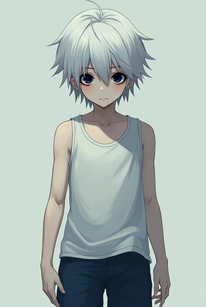 A creepy white-haired 14-year-old anime boy wearing a white tank top and dark blue shorts