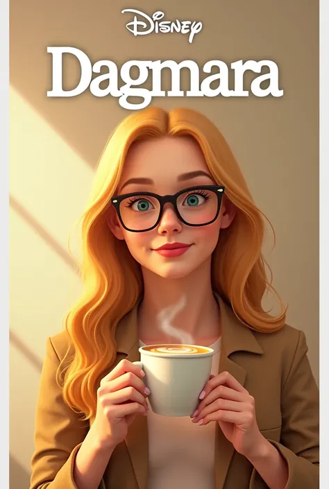 Dziewczyna długie włosy blond  z filiżanką cappuccino w prostokątnych okularach na plakacie filmu Disney "Dagmara"