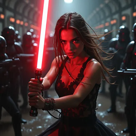 Closeup portrait,Closeup facing viewer, action pose, rage, wind blowing hair back,Angry,Meanacing,Closeup holding red light sabre near face,dark forest in rain,Surrounded by black stormtroopers aiming guns forwards,,Full length filigree dress flowing in wi...