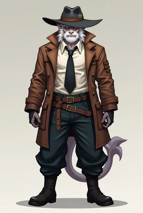 anime character with a brown jacket and a black tie, mechanic punk outfit, dapper dream demon, fluffy chest, furry chest, roblox avatar, anime vtuber full body model, spiky skin, cloth jerkin, blacksmiths outfit, demon male, white scary skin, baggy clothin...