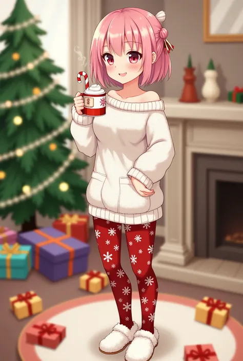 A gyaru anime girl with short, messy pink hair wearing a fuzzy white off-shoulder sweater with snowflake patterns and snug red leggings featuring Christmas designs. She’s standing casually, holding a steaming mug of hot cocoa with whipped cream and a candy...