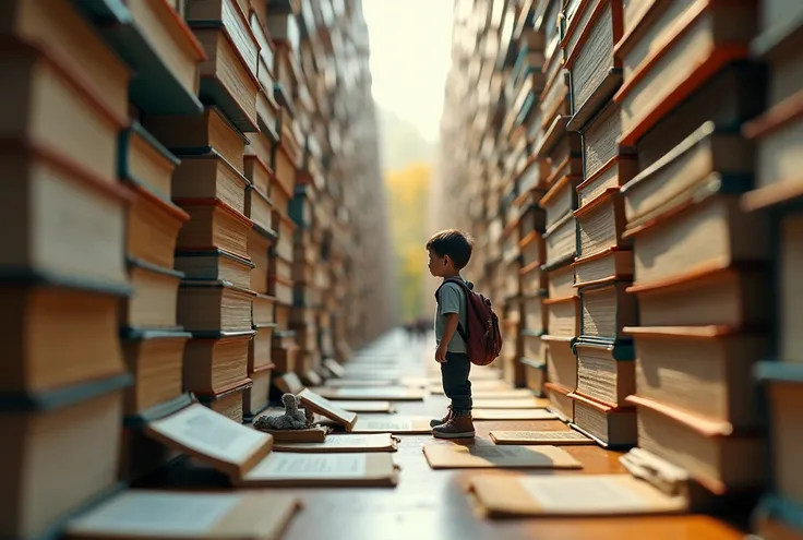 Give me an artistic photo with 2 opposite halves vertically. The first half on the right is a close-up of giant books, arranged vertically, all the pages open. All placed next to each other like a maze. A tiny Vietnamese boy with a backpack is standing and...