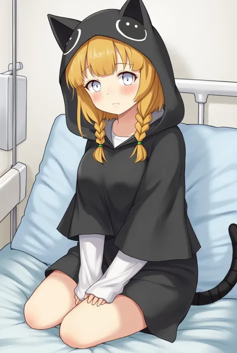  1 girl,  Grown Ups,Dark yellow hair,Hospital room, cute costume pajamas, high definition , masterpiece, accurate,  very detailed,  textured skin, reality, short hair ,, small breasts, braids,Should Poncho ,Fluffy,裏地がFluffy,big hood,Cat ears,Cat tail, whit...