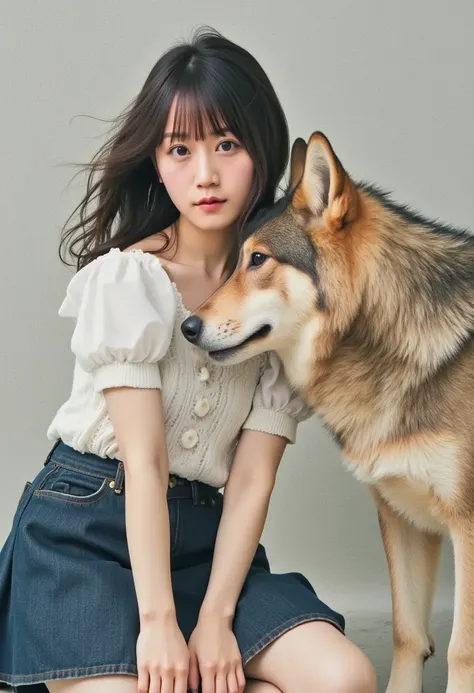   wolfと触れ合う女性 ,masterpiece,  top quality , 8k, 20 years old, Teen,   RAW photo ,   absurd ,   award winning portrait , 笑face, Alone, (  wolf:1.8), Idol&#39;s face,   Delicate Girl,   upper body,   dslr,   viewers , Frank, Sophisticated,Thin arms,     profe...