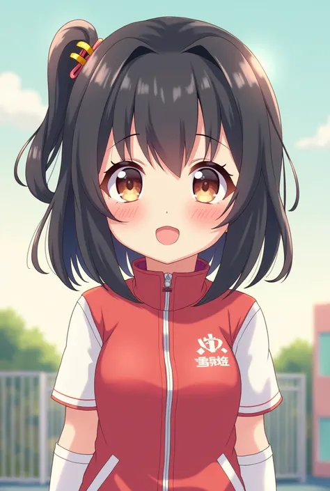 cute, girl, , 6th elementary school student, black hair, Bob- Half up-short ponytail, school track suit, white knee-high socks, medium bust, (((shiny skin))), blush, smile