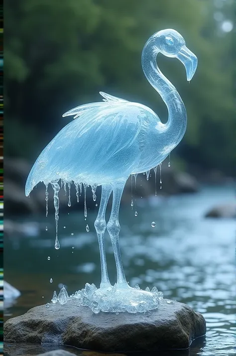 A beautiful flamingo bird body made with crystal ice and water dropping its body sitting on a big stone near of a river
