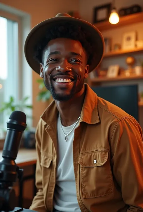  Create a unique African male character who is a 20-year-old YouTube, Is wearing a hat  