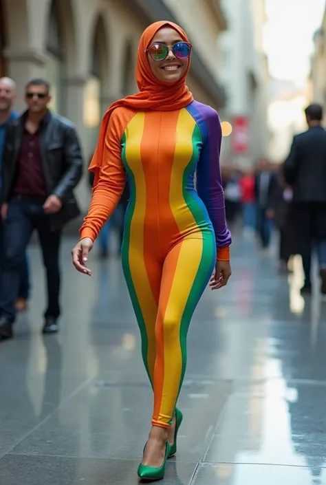  beautiful woman ,  smiling,  wearing a simple hijab the color of the rainbow , rather large breasts.
wearing rainbow glasses ,
 Wearing a thin latex bodysuit very tight the color of the rainbow stripe, Nipple protrudes .  wearing rainbow color small cross...