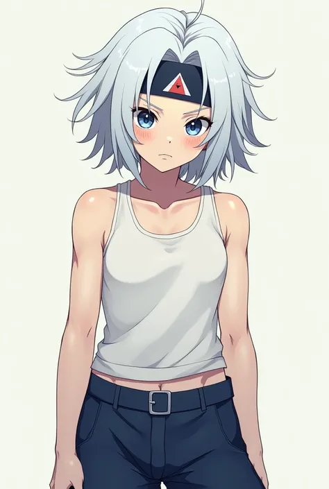 A 14-year-old anime  with creepy white hair wearing a white tank top and dark blue shorts and blue eyes is half muscular and wore a headband The headband has a simple triangular motif, divided into two colors 
