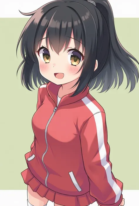 cute, girl, , 6th elementary school student, black hair, Bob- Half up-short ponytail, school track suit, white knee-high socks, medium bust, (((shiny skin))), blush, smile