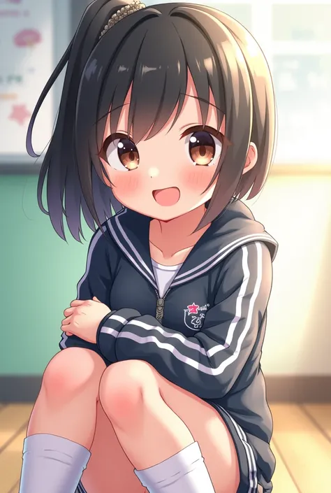 cute, girl, , 6th elementary school student, black hair, Bob- Half up-short ponytail, school track suit, white knee-high socks, medium bust, (((shiny skin))), blush, smile