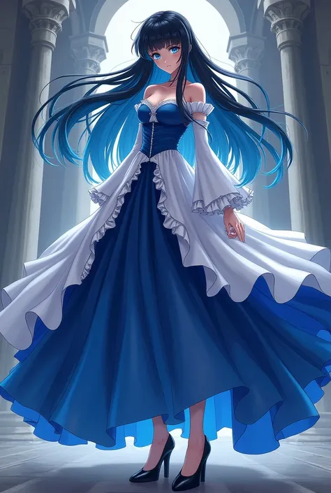 A princess with long black and blue hair with blue eyes and a long white and blue dress in the middle and black princess heels anime version that looks serious 