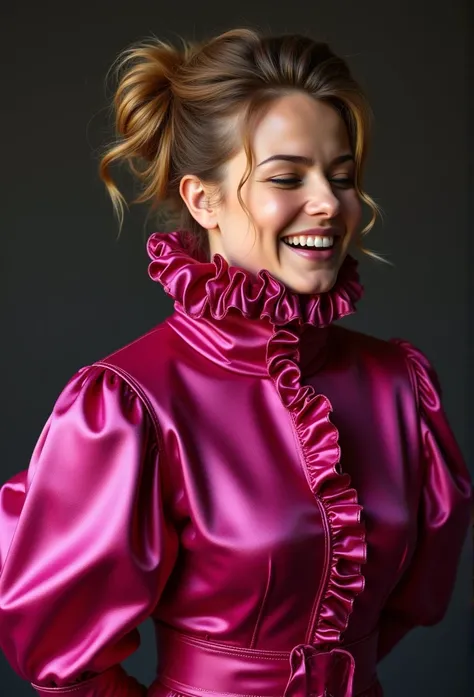 (realistic photograph close up sideways cheerful victorian), (a looking beautiful smiling woman having an orgasm with (messy hair bun)), (she is wearing (an exaggerated elaborate shiny fuchsia high neck outfit with (huge puff sleeves), (and a narrow very h...