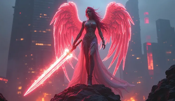 The beautifull big breast Valkyrie wields a glowing sword forged from liquid neon, its edge sparking as it slices through the air. She stands atop a shattered skyscraper, her eyes burning with otherworldly fire, ready to strike down her enemies in a landsc...