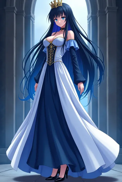 A princess with long black and blue hair with blue eyes and a long white and blue dress in the middle and black princess heels anime version that looks serious 