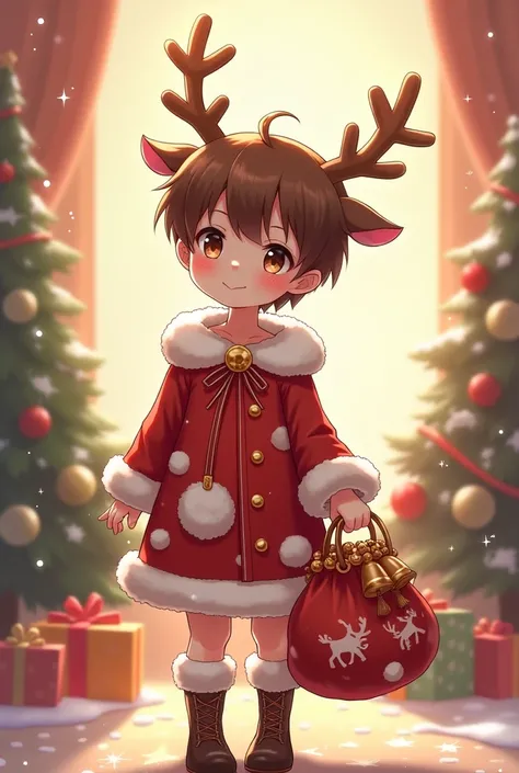 Generate an image of a full-body anime boy , reindeer dress,  wearing Christmas reindeer horns and holding a Santa like gift bag