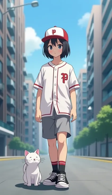  on the street of a high-rise building,A Little White Cat Opens， Wear White With Red Stripes Baseball Suit ,wearing a hat,Wear Grey Shorts , Wear Black Ball Shoes Tie White Laces