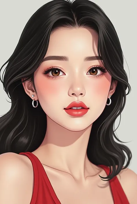 Create an image!
She is a Korean woman.
She is of average height.
Her body type is rather chubby. 
The face is a bit large compared to the overall body.
The facial features are of a cool style. The eyes are rather small, and the overall charm of the facial...