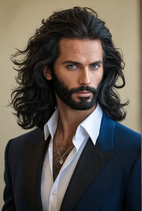 Un homme élancé avec des long cheveux noirs , des beaux yeux bleu sans moustache ni barbe 
