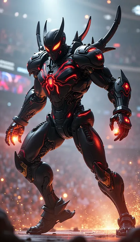 suit:  Combine Spider-Mans black mecha with the red elements of Iron Man.
music:  Holographic drums that generate destructive sound waves .
atmosphere: Battle arena with audience of cheering mecha .