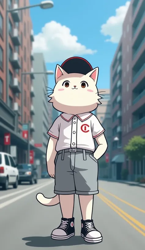  on the street of a high-rise building,A little white cat ， Wear White With Red Stripes Baseball Suit ,wearing a hat,Wear Grey Shorts , wearing black ball shoes tied to a white shoelace