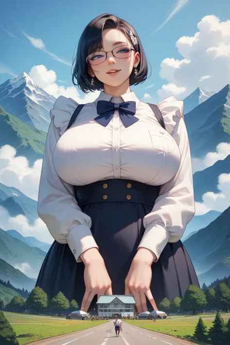 face down　continent size giantess,gigantic boobs,huge hip, Bigger than a mountain,,black hear maid,big titis,japanese anime,crush city,glassese、