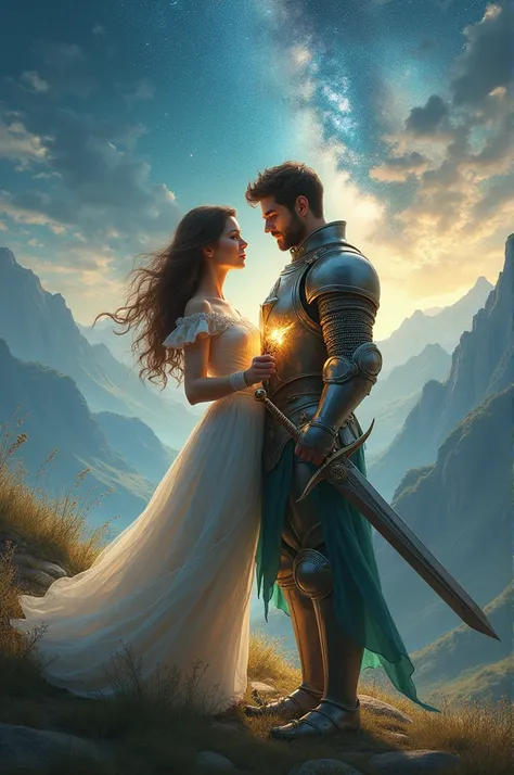 Young woman with magical brush in her hand together with her love, a knight of the dragon