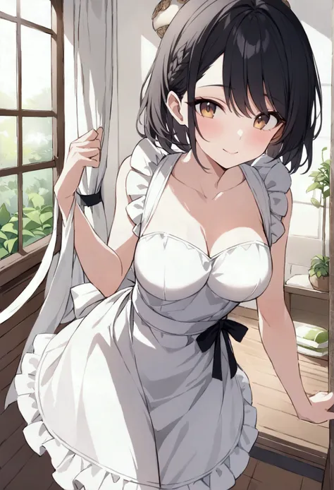 long apron 、 black hair、 short、Cheerful woman、Medium breast、One person、 fresh atmosphere、 sexy