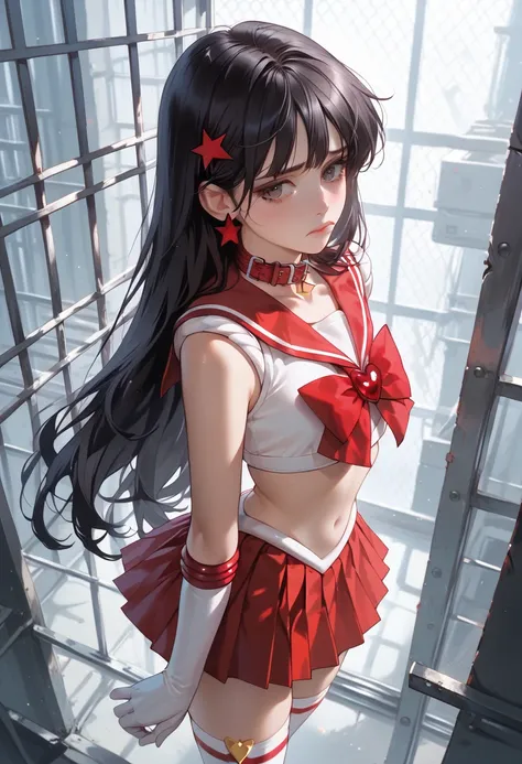  black hair, Girl with long hair , Red collar, magical girl costumes,  red short pleated skirt, Underground Prison, sad, arched back