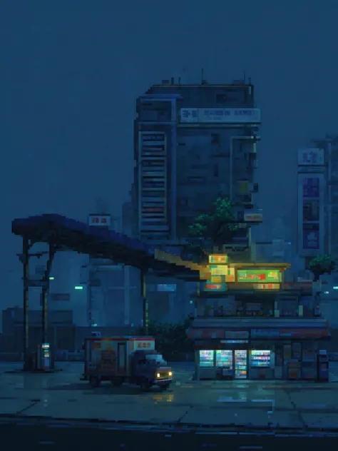 Orthogonal View ，night街头，Building，Convenience store，Truck ，Gas station，night，Pixel Style， retro game 