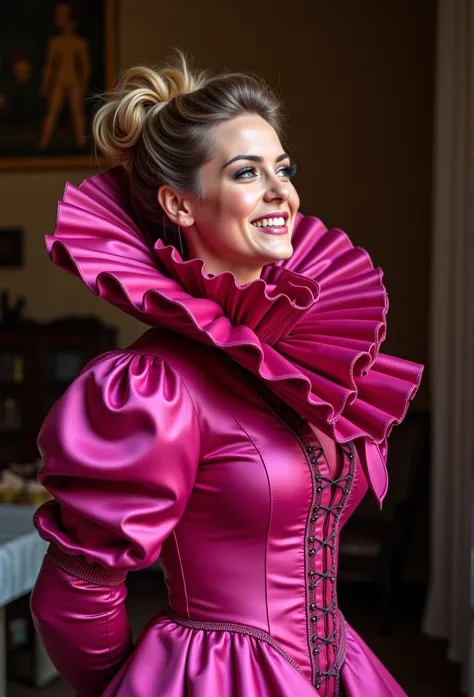 (realistic photograph close up sideways cheerful victorian), (a looking beautiful smiling woman having an orgasm with (messy hair bun)), (she is wearing (an exaggerated elaborate shiny fuchsia high neck outfit with (huge puff sleeves), (and a narrow very h...