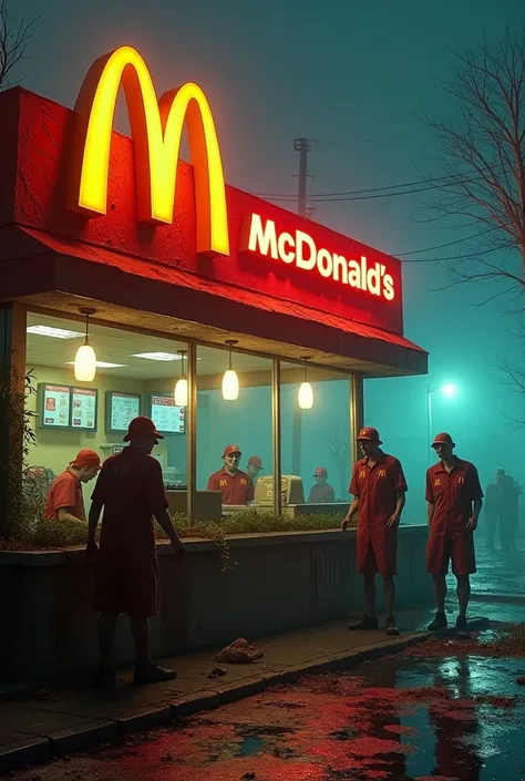 "A dystopian McDonalds in 2030, reimagined with an eerie, post-apocalyptic atmosphere. The once vibrant fast-food restaurant now has a dilapidated exterior with overgrown vegetation and faded, cracked signage. Inside, zombie workers, dressed in tattered an...