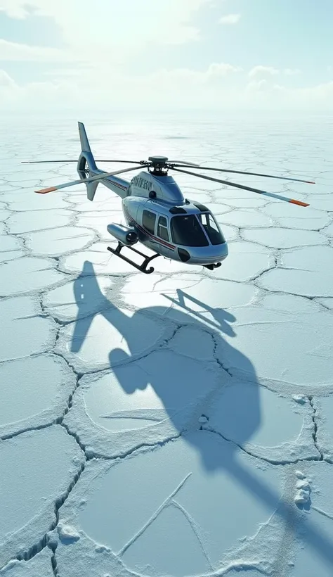 The helicopter hovering over a desolate, icy landscape, with a cracked ice sheet below.