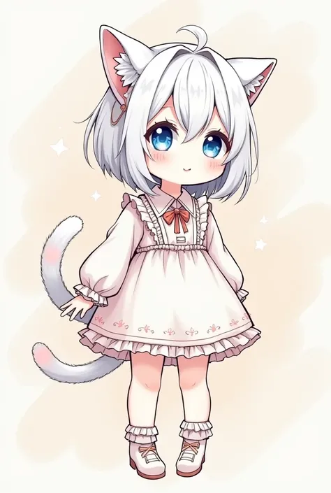  Anime style,sketch,chubby,pale skin,blue eyes,lolita style,human but have cat ears and cat tail