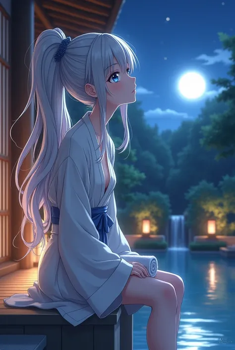 An anime-style depiction of a 16-year-old young woman in a modern isekai fantasy world. She has long, flowing light gray hair, loosened from its usual high ponytail, cascading down her back and shoulders in soft, damp waves, with a few strands clinging del...