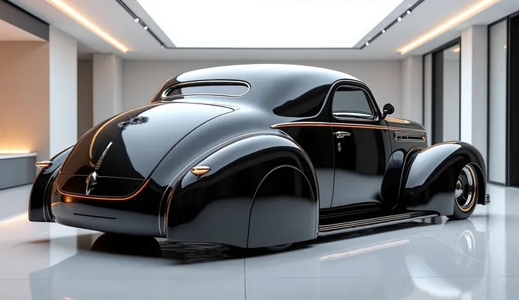 create an ultra-detailed 3D render of a modern, full close-up back sides view of  1940 Cadillac LaSalle  with a bold design. The car should feature a shiny black color with a cadillac logo on it, and sleek led lights . The body should be wide and expanded ...