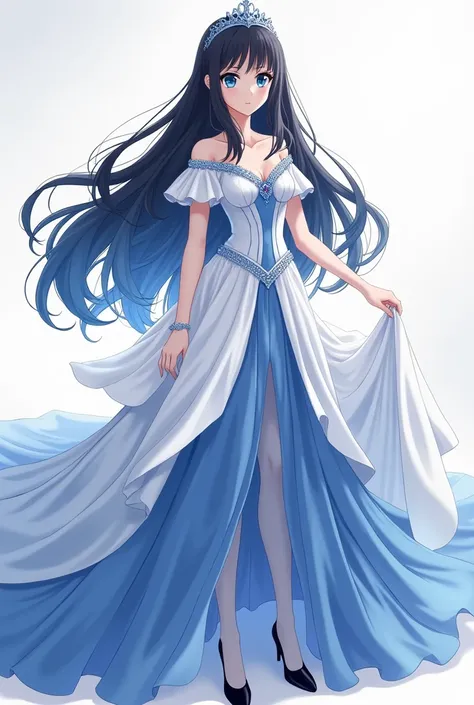 A princess with long black and blue hair with blue eyes and a long white and blue dress in the middle and black princess heels anime version that looks serious and who is posing for the camera  