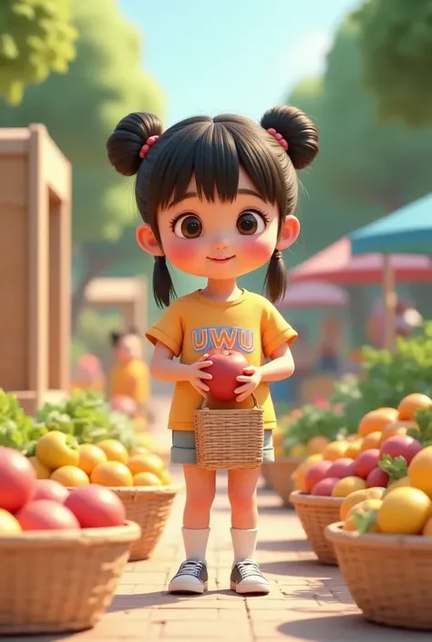 A cute and adorable  girl with her hair styled into two high buns and bangs, her shimmering hair strands glowing under the soft morning sun. She’s a beautiful  with rosy cheeks, wearing a pastel-colored shirt with the word “uwu” printed on the front. She s...