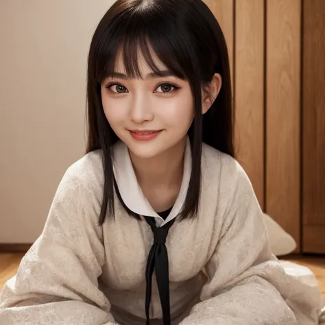 masterpiece, best quality, high quality, detailed, ultra detailed, hyper detailed, insanely detailed, exquisite, beautiful, 4K, 8K, 16K, highres, absurdres, schoolgirl, happy, grinning, sitting on the floor, looking at viewer, side tail, black hair, black ...