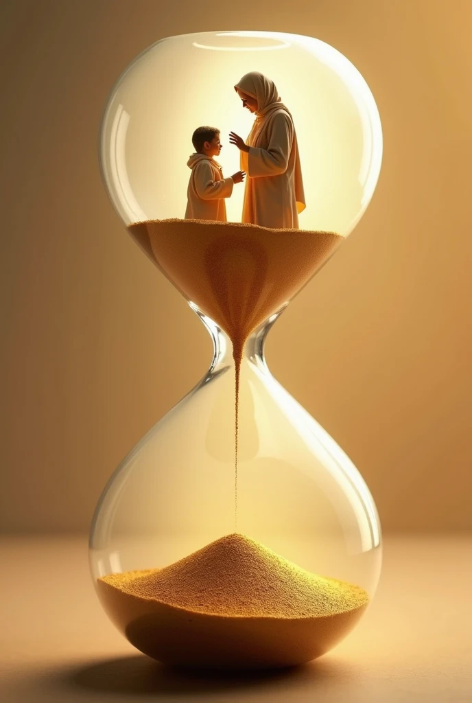 A hyper-realistic image of a glass hourglass with golden sand trickling down. Inside the top chamber, a small Muslim family photo with the mother in a hijab smiling gently at her ren glows softly. The background has a gradient of warm gold and ivory tones.