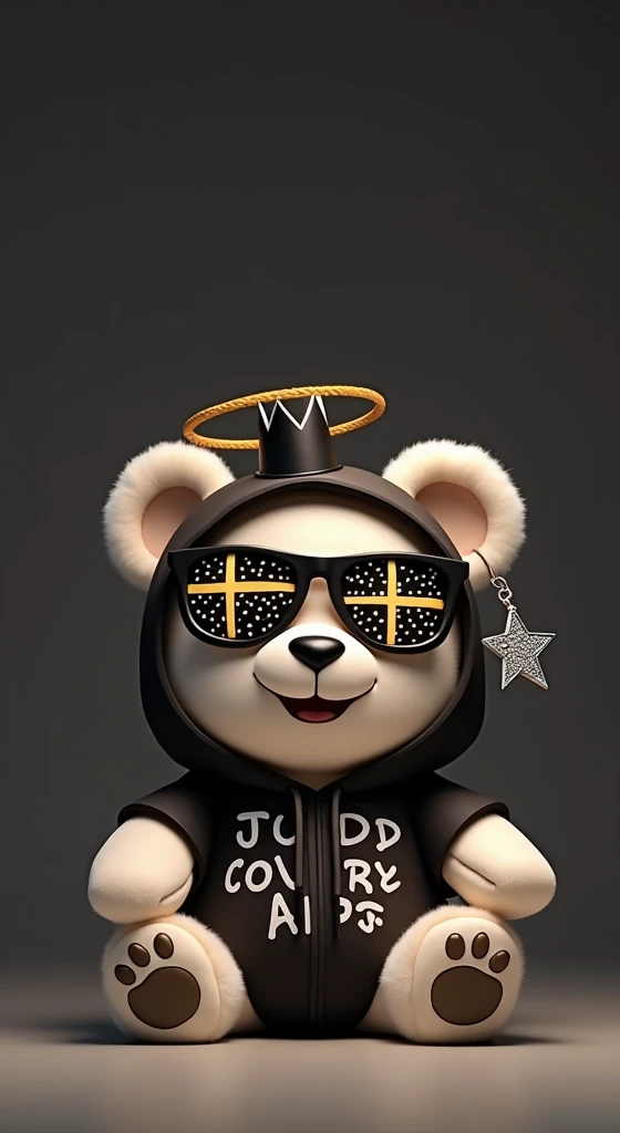 A stylized, cartoon teddy bear, positioned slightly off-center to the left of the image, is depicted.  The bear is white with black stitching, and wears a black crown with a halo.  Its eyes are covered with black and white patterned, almost like sunglasses...