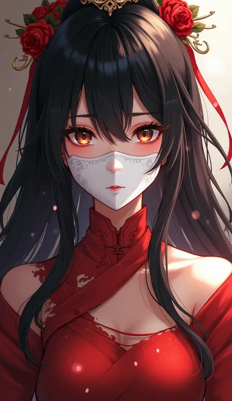 Black-haired god, white mask woman, red wedding dress, crying, close-up figure painting, gorgeous Guwiz style art, breathtaking epic character painting, Fan Qi, Yang J, Wu Zhun Shifan, etc., wonderful artistic journey on Guwiz Pixiv.