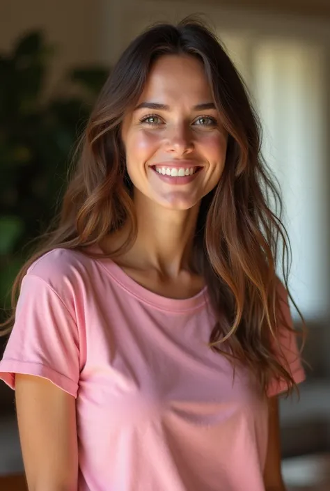 RAW photo of l4r1ss4r1qu3lm3 woman, wearing a pink tshirt, in a living room, detailed face, natural lighting, highly detailed, absurdres, smile happy
