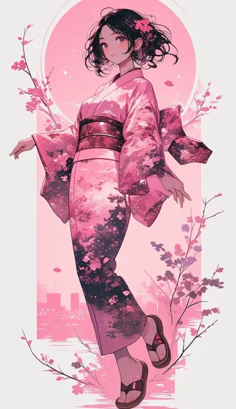 (masterpiece, best quality:1.2), 1 girl, unique, (pink Japanese Yukata with The backdrop of a scenic sakura forest in Japan inside the womans silhouette, detailed imagery of sakura petals, translucent, ethereal, concept, bleeding in with background), excit...