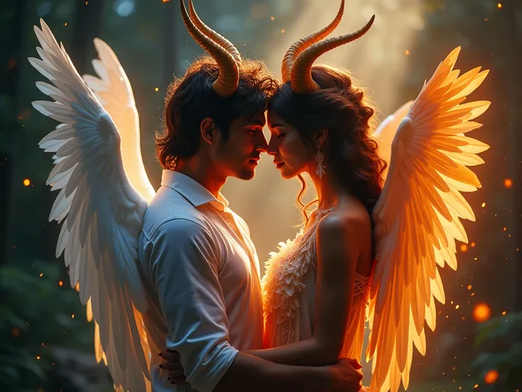 A mystical realm of eternal twilight, where a celestial angel with wings as delicate as a butterfly and eyes that shine like the stars, falls deeply in love with a charismatic demon with horns that curve like a crescent moon and skin that glows like the em...