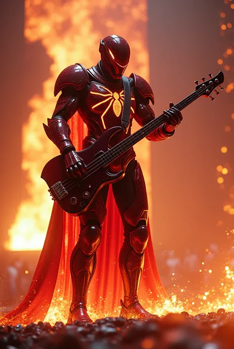 suit:  Dark red and gold armor with holographic spider pattern .
music: Ground shaking energy bass .
atmosphere:  In the middle of a futuristic rock concert with holographic flames all around.