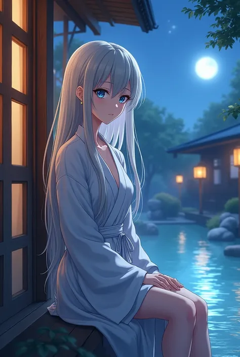 An anime-style depiction of a 16-year-old young woman in a modern isekai fantasy world. She has long, H-cup bust flowing light gray hair, loosened from its usual high ponytail, cascading down her back and shoulders in soft, damp waves, with a few strands c...