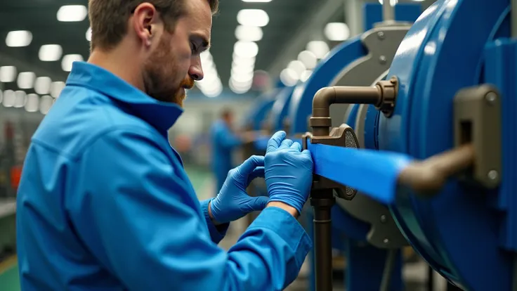 A large-scale manufacturing facility where blue electrical tape is being used for temporary repairs on machinery or equipment. The image should show workers applying the tape to fix a malfunctioning part, with a focus on how the tape is being used as a qui...