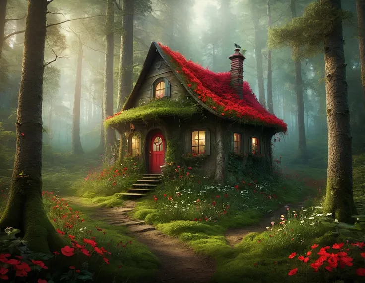  there is a house with red flowers in the middle of the forest, Matte painting inspired by Alexander Jansson , Tumbler,  magical realism , 魅惑的で magical forest , enchanted  magical fantasy forest , Standing in the forest, Fairytale Forest,  magical forest ,...